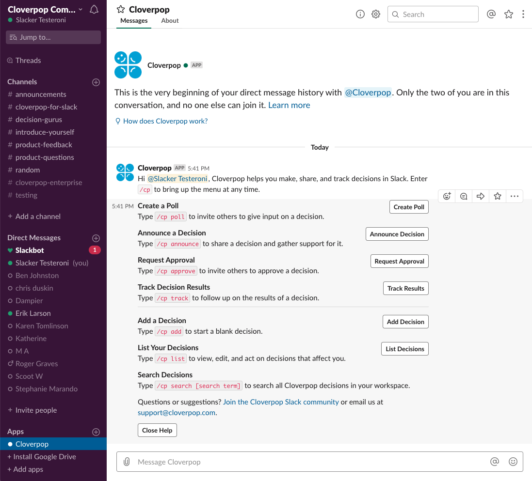 Cloverpop Feature Help in Slack